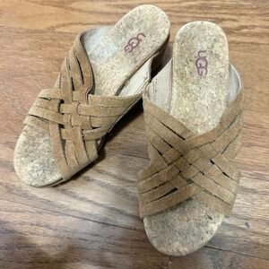 UGG Women's Size 5.5 Tan Lilah Wedge Sandals Cork Footbed‎ Suede Straps